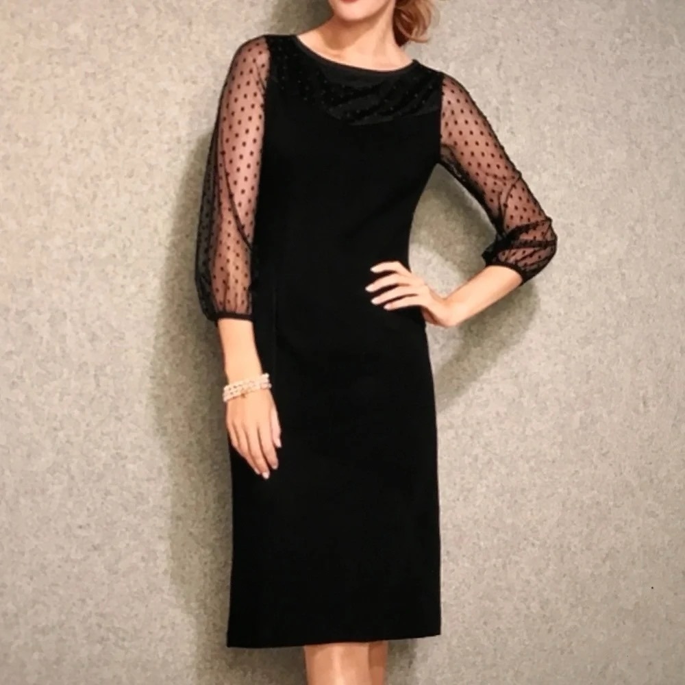 Talbots Size 4 Black Dress Sheer Mesh Polka Dot Ponte Knit 3/4 Sleeve Sheath